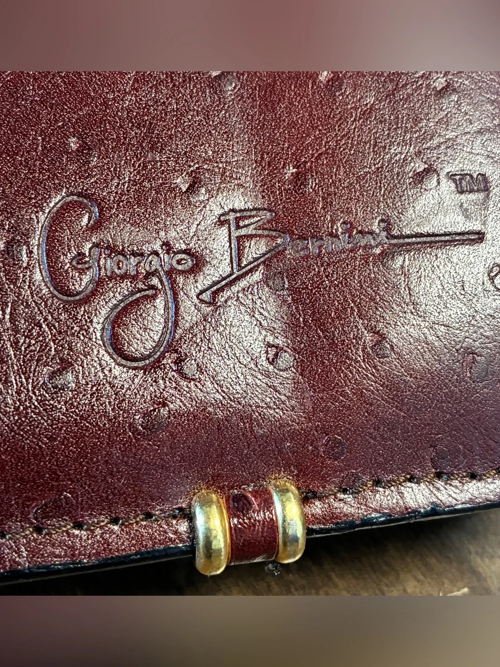 Vintage  Giorgio Bernini Handcrafted Leather Ostrich Embossed Gussett Portfolio